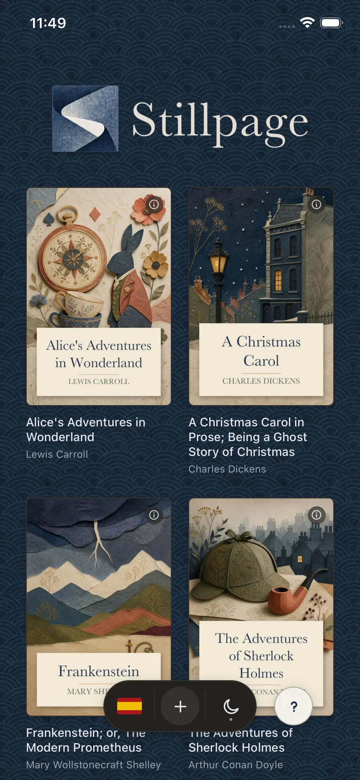 The Stillpage shelf on an iPhone, with four books installed: Alice's Adventures in Wonderland, A Christmas Carol, Frankenstein and The Adventures of Sherlock Holmes.