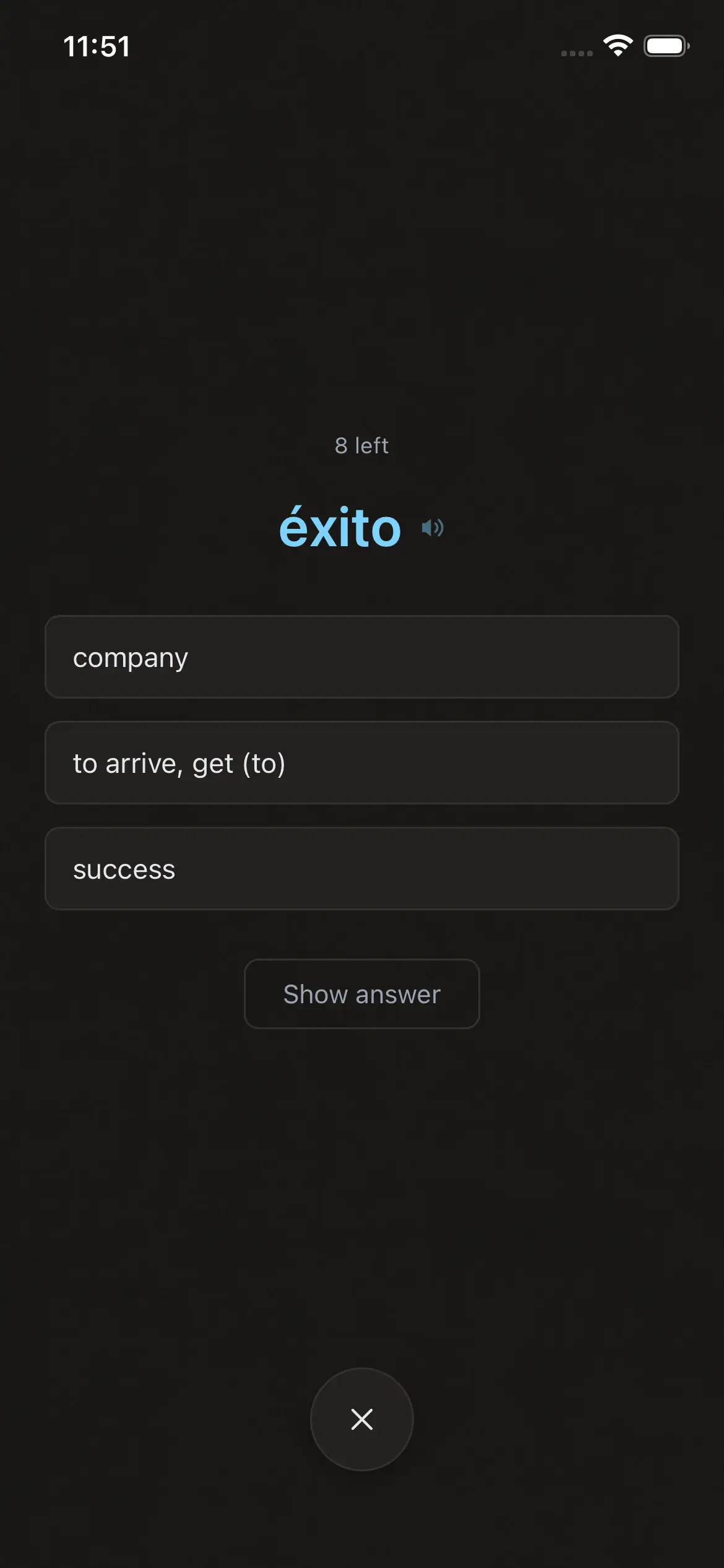 A flashcard in Stillpage offering three possible meanings for the Spanish word exito.
